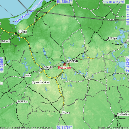 Topographic map of Kortowo