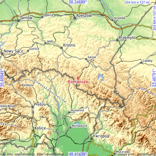 Topographic map of Komańcza