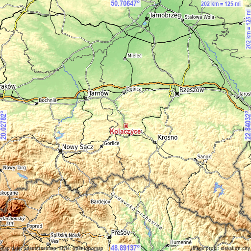 Topographic map of Kołaczyce