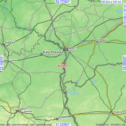 Topographic map of Kodeń