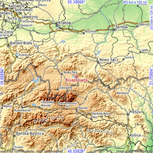 Topographic map of Kluszkowce