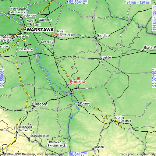 Topographic map of Kłoczew