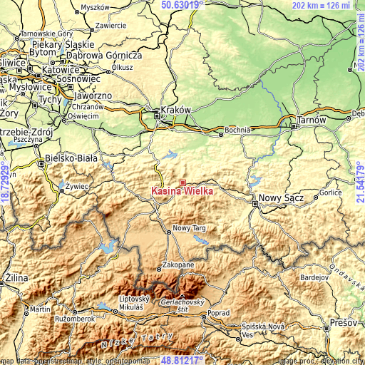 Topographic map of Kasina Wielka