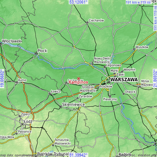 Topographic map of Kampinos