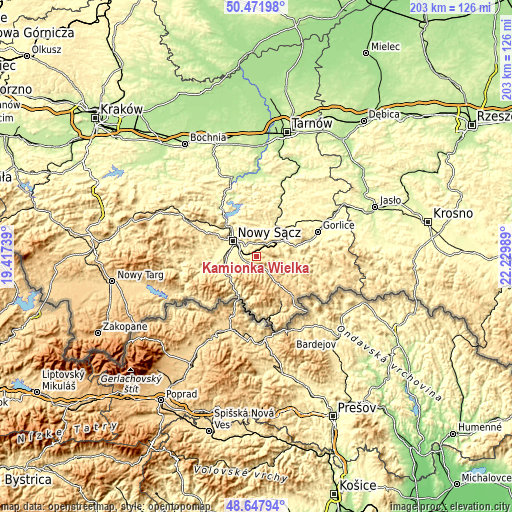 Topographic map of Kamionka Wielka