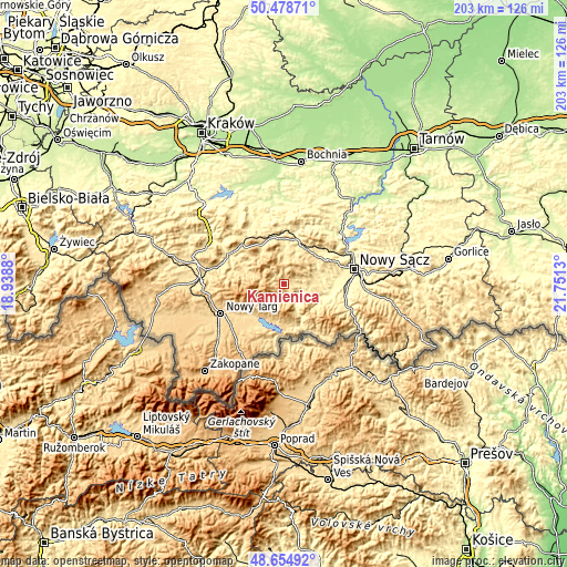 Topographic map of Kamienica