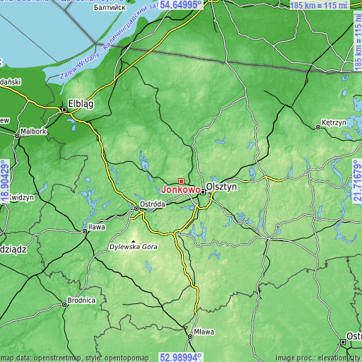 Topographic map of Jonkowo