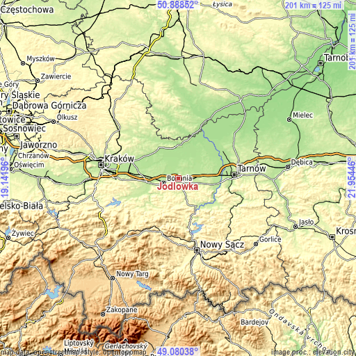 Topographic map of Jodłówka