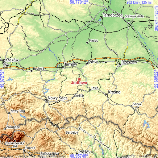 Topographic map of Jodłowa