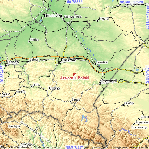 Topographic map of Jawornik Polski