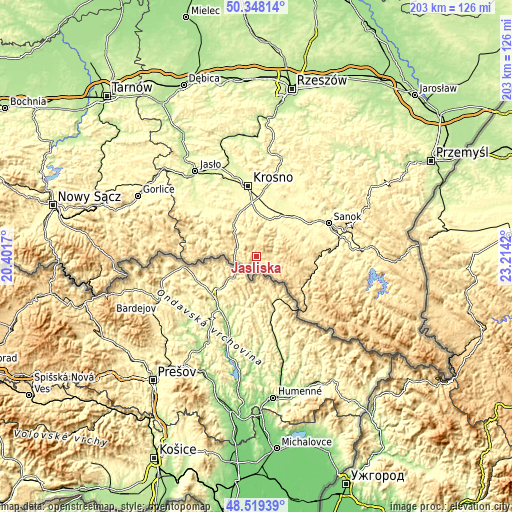 Topographic map of Jaśliska