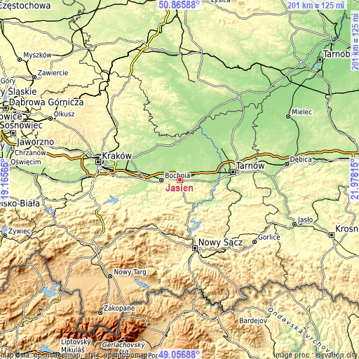 Topographic map of Jasień