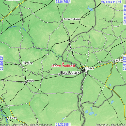 Topographic map of Janów Podlaski