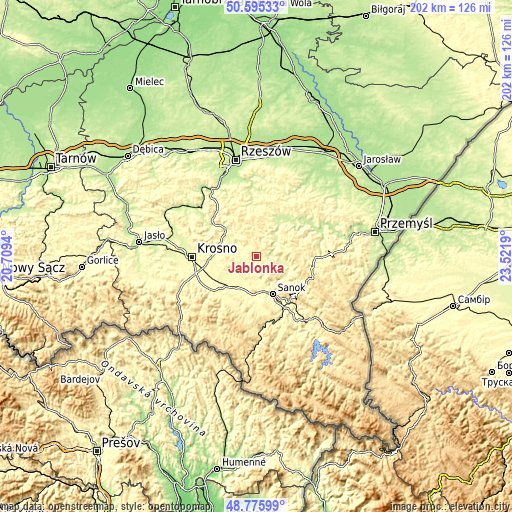 Topographic map of Jabłonka