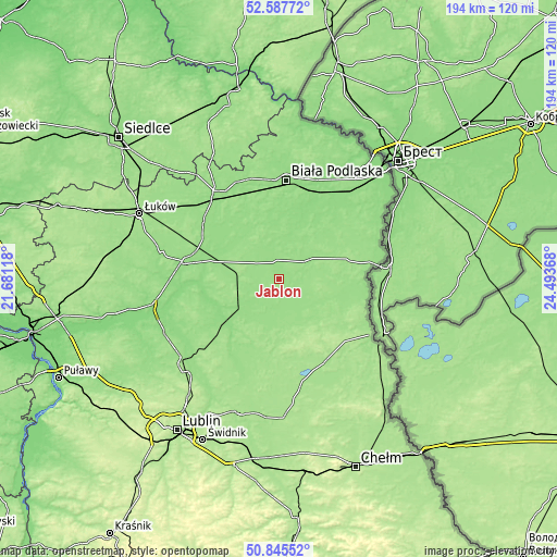 Topographic map of Jabłoń