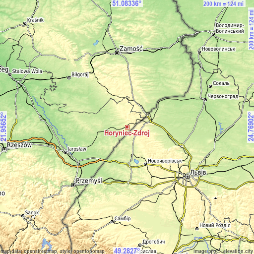 Topographic map of Horyniec-Zdrój