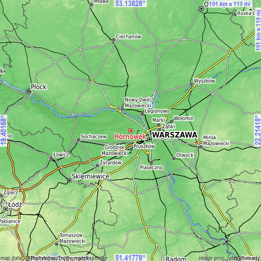 Topographic map of Hornówek