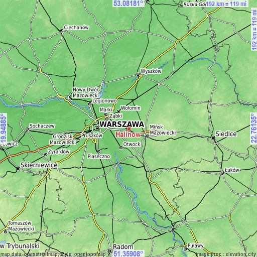 Topographic map of Halinów