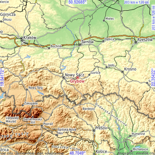 Topographic map of Grybów