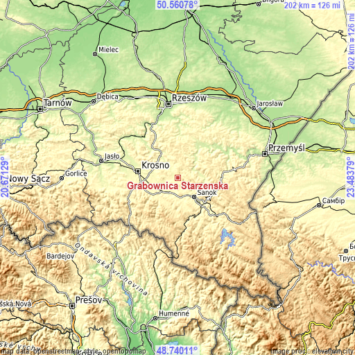 Topographic map of Grabownica Starzeńska