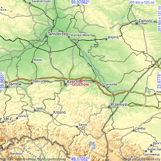 Topographic map of Głuchów