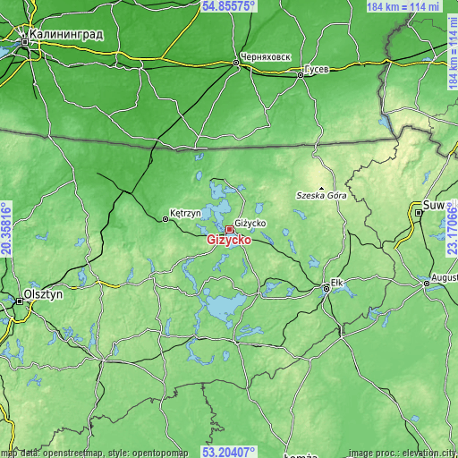 Topographic map of Giżycko