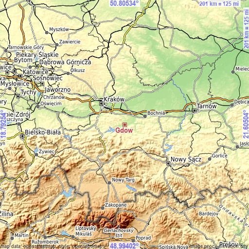 Topographic map of Gdów