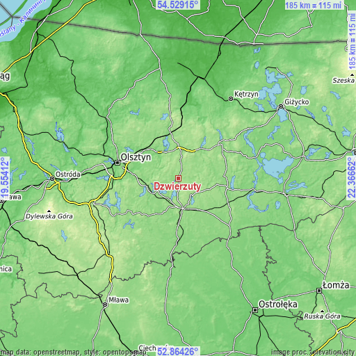 Topographic map of Dźwierzuty