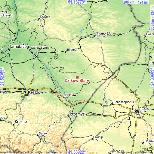 Topographic map of Dzików Stary