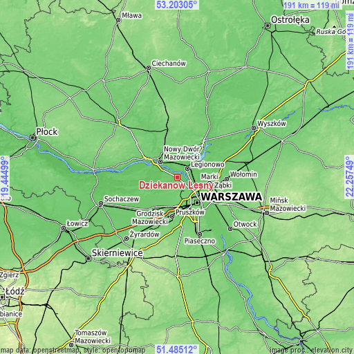 Topographic map of Dziekanów Leśny