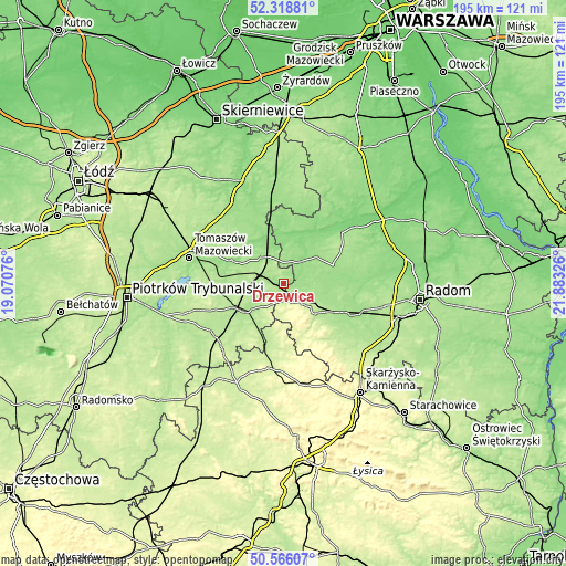 Topographic map of Drzewica