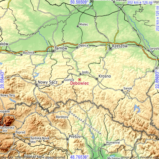 Topographic map of Dębowiec