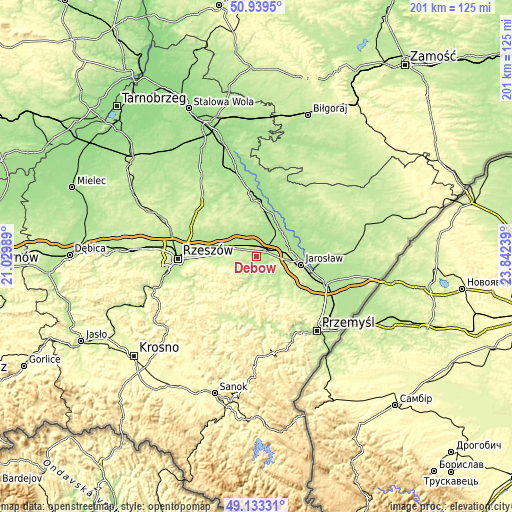 Topographic map of Dębów