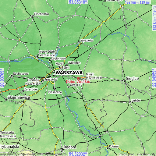 Topographic map of Dębe Wielkie