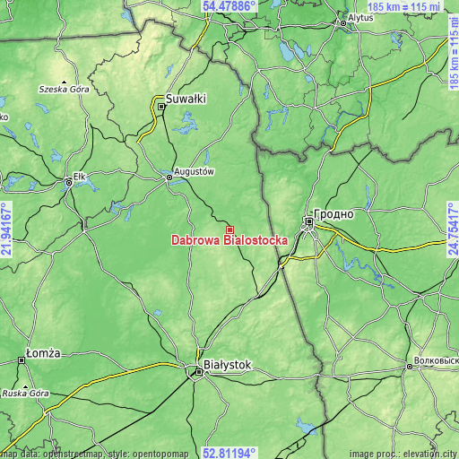 Topographic map of Dąbrowa Białostocka