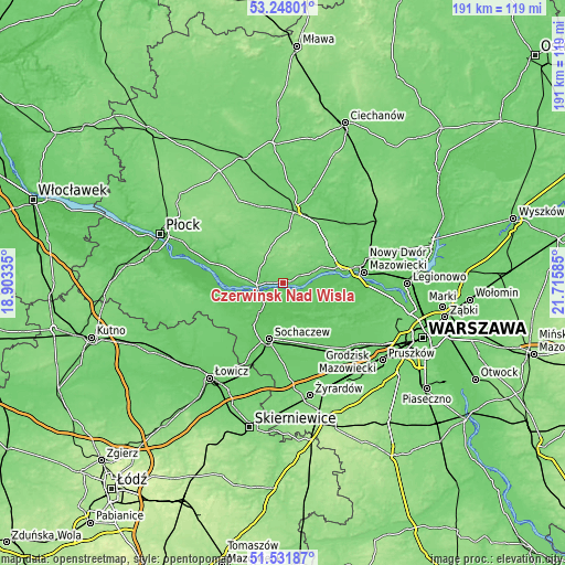 Topographic map of Czerwińsk Nad Wisłą