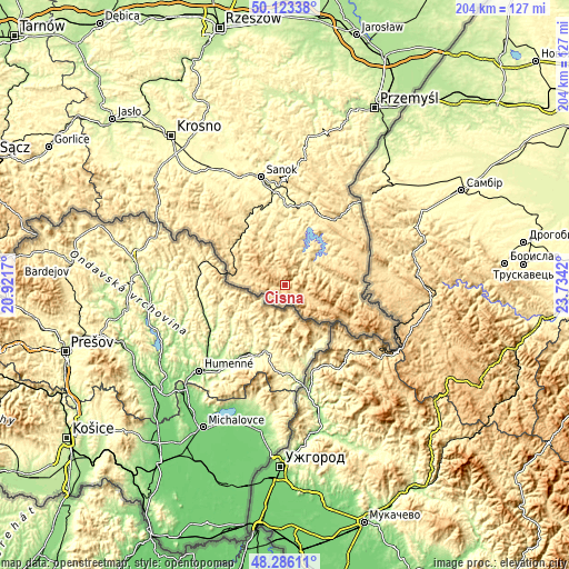 Topographic map of Cisna