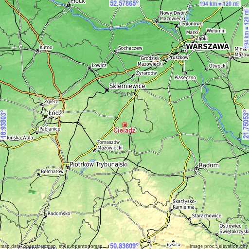 Topographic map of Cielądz