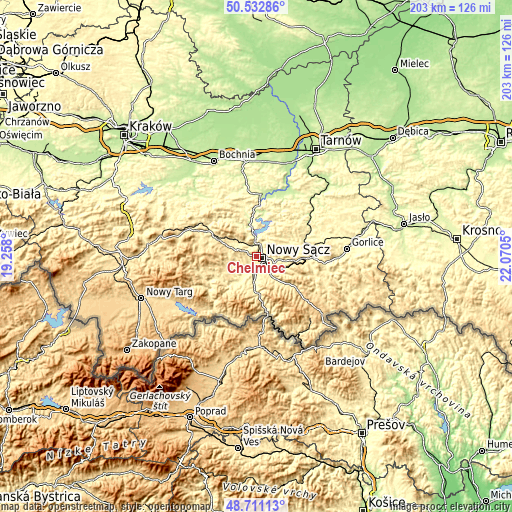 Topographic map of Chełmiec