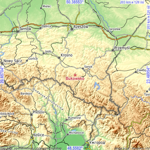 Topographic map of Bukowsko