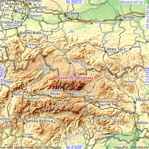 Topographic map of Bukowina Tatrzańska