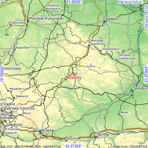 Topographic map of Brzeziny