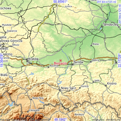 Topographic map of Borzęcin