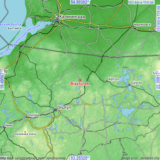 Topographic map of Bisztynek