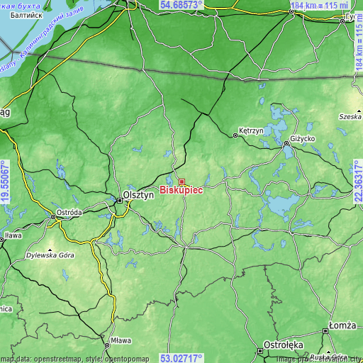 Topographic map of Biskupiec