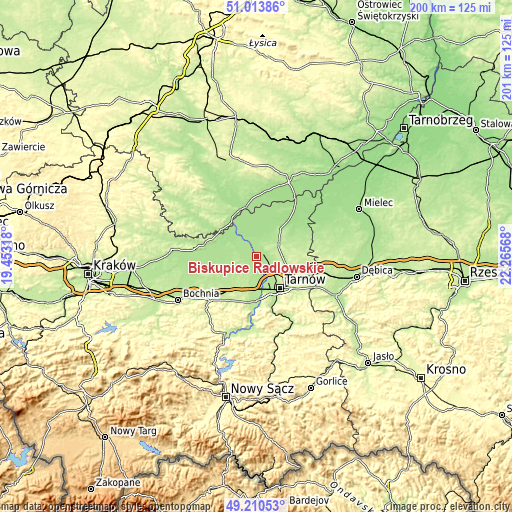 Topographic map of Biskupice Radłowskie