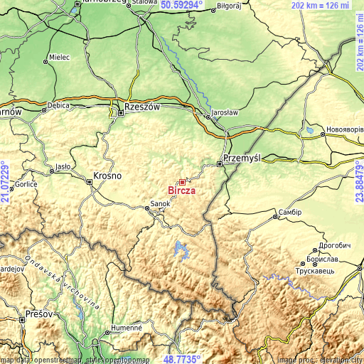 Topographic map of Bircza