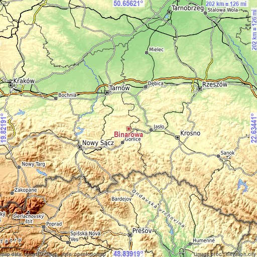 Topographic map of Binarowa