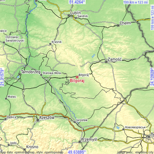 Topographic map of Biłgoraj