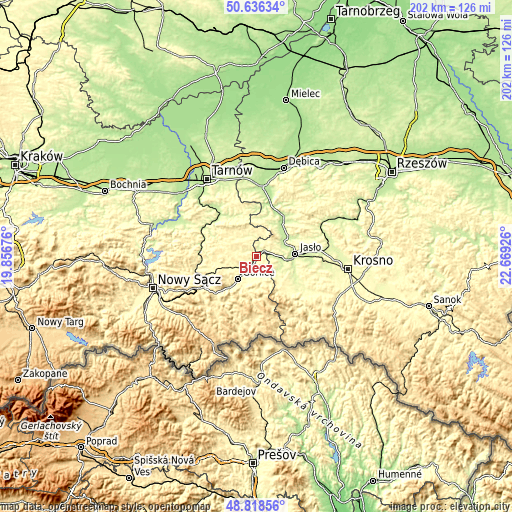 Topographic map of Biecz